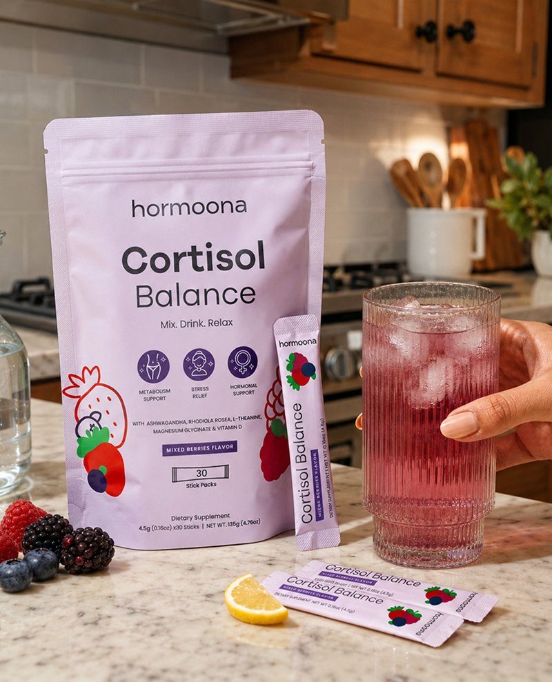 Hormoona Cortisol Balance pouch with stick pack and mixed drink on a kitchen counter